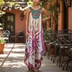 India 100% Silk Bohemian Dress White Purple Pink Beaded Embroidered One Size